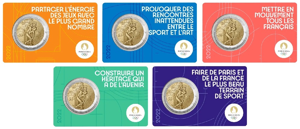 2022-2-Euro-Olimpiadi-di-Parigi-2024-FDC-in-coin-card-5-colori-Francia-fronte FRANCIA - 2022 - 2 € Olimpiadi di Parigi 2024 - FDC in coin card (set 5 colori) - immagine 1