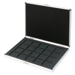 LINDNER - Astuccio ALU con 1 ripiano in floccato nero a 20 caselle quadrate da 47 mm