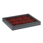 LINDNER - Cofanetto NERA CASSETTA M PLUS CON FINESTRA con interno bordeaux a 12 caselle quadrate da 66 mm con profondità maggiorata - Nero