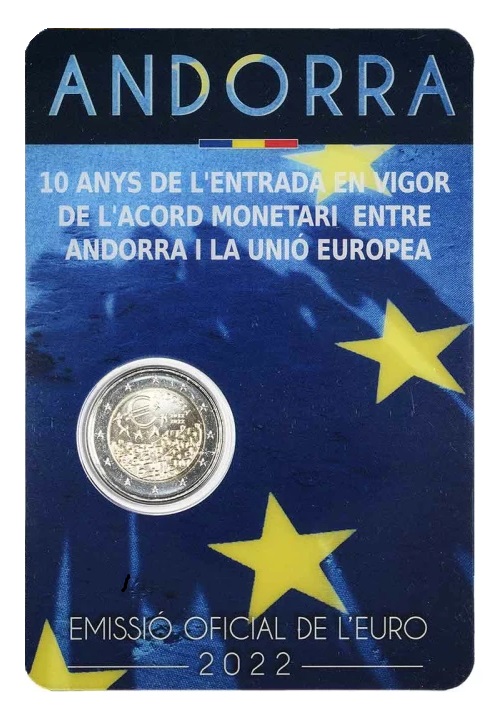 2022 2 Euro 10° dell accordo monetario tra Andorra e Unione Europea FDC in blister Andorra blister 1 2022 2 Euro 10° dell accordo monetario tra Andorra e Unione Europea FDC in blister Andorra blister 1