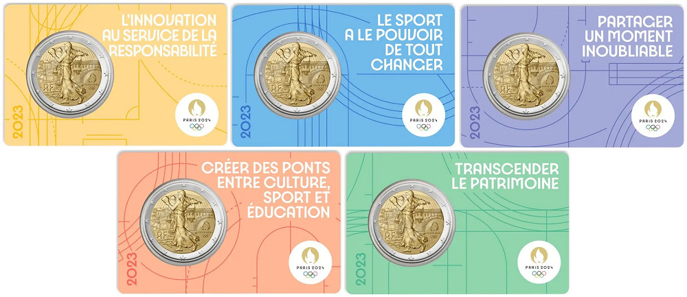 2023 2 Euro Olimpiadi di Parigi 2024 FDC in coin card 5 colori Francia fronte 2023 2 Euro Olimpiadi di Parigi 2024 FDC in coin card 5 colori Francia fronte