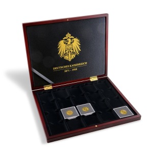 Cofanetto VOLTERRA in legno con 1 ripiano a 20 caselle quadrate per monete in oro 150° dell Impero Tedesco in capsule Quadrum Mogano Leuchtturm 1