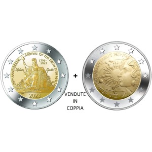 2023 Coppia 2 Euro Napoleone Bonaparte e l arrivo dei francesi a Malta 550° della nascita Niccolo Copernico FDC in folder Malta