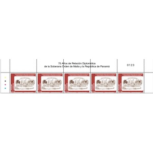 2023 75° delle relazioni diplomatiche tra SMOM e Repubblica di Panama 1 striscia da 5 v. con bordo di foglio intestato E.C. di Panama con S.M.O.M. Panama SMOM