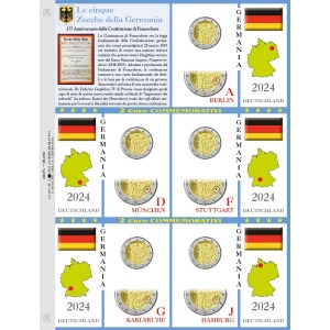Foglio 2 Euro commemorativi 5 ZECCHE DELLA GERMANIA 2024 Costituzione della Paulskirche Abafil