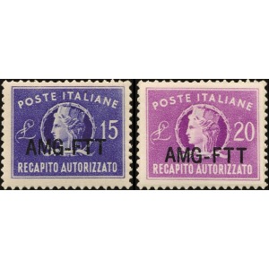 1949 52 Recapito Autorizzato Italia Turrita formato ridotto 15 L. e 20 L. soprastampato su una riga 2 v. Trieste A