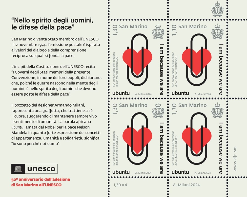 2024 50° dell adesione di San Marino all UNESCO 1 MF da 4 v. con illustrazione San Marino 2024 50° dell adesione di San Marino all UNESCO 1 MF da 4 v. con illustrazione San Marino