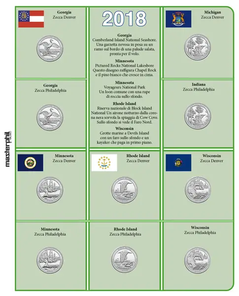 Inserti per le 15 monete 25 c. Parchi Nazionali USA Zecche D P e S FDC 2018 Master Phil 1 Inserti per le 15 monete 25 c. Parchi Nazionali USA Zecche D P e S FDC 2018 Master Phil 1