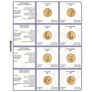 Inserto per le 8 monete 1 Dollaro Presidenti USA Zecche D e P FDC 2007 Master Phil