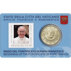 2013 Stamp e Coin Card N° 3 Inizio del Pontificato di Papa Francesco con 50 c. 1 moneta FDC Vaticano fronte