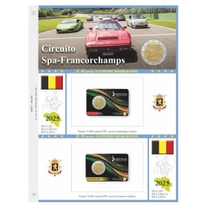 Foglio 2 Euro COMMEMORATIVO Belgio 2025 Circuito di Spa Francorchamps in due coin card Abafil