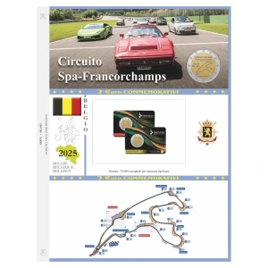 Foglio 2 Euro COMMEMORATIVO Belgio 2025 Circuito di Spa Francorchamps in singola coin card Abafil