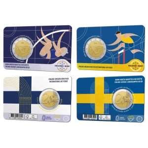 2025 2 Euro 100° della gara di atletica Finlandia Svezia coppia di coin card differenti Finlandia 1