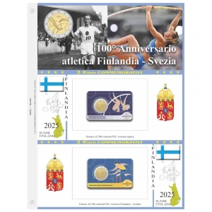 Foglio 2 Euro COMMEMORATIVO Finlandia 2025 Gara di atletica Finlandia Svezia in due coin card Abafil