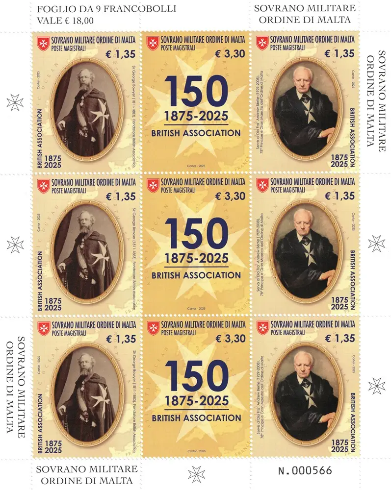 150° dell Associazione Britannica dell Ordine di Malta 1 MF da 3 trittici orizzontali S.M.O.M. SMOM 150° dell Associazione Britannica dell Ordine di Malta 1 MF da 3 trittici orizzontali S.M.O.M. SMOM