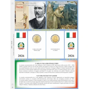 Foglio 2 Euro COMMEMORATIVI sfusi Italia 2026 per le 2 emissioni Abafil