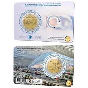 2026 2 Euro Ferrovie Statali Belghe SNCB FDC in coin card versione francese Belgio fronte e retro