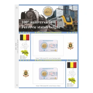 Foglio 2 Euro COMMEMORATIVO Belgio 2026 Ferrovie Statali Belghe in due coin card Abafil