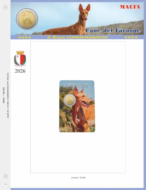 Foglio 2 Euro COMMEMORATIVO Malta 2026 Cane del Faraone in folder Abafil Foglio 2 Euro COMMEMORATIVO Malta 2026 Cane del Faraone in folder Abafil