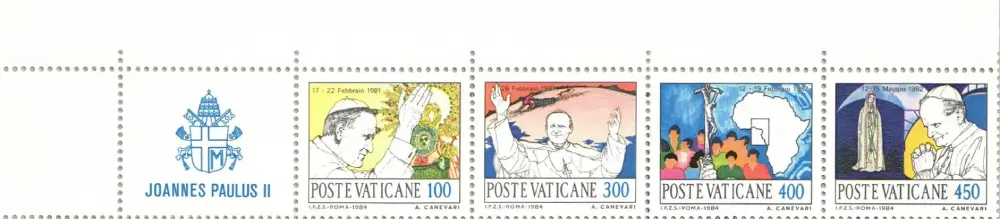 1984 I viaggi di Papa Giovanni Paolo II nel 1981 82 1 striscia orizzontale da libretto Vaticano 1 1984 I viaggi di Papa Giovanni Paolo II nel 1981 82 1 striscia orizzontale da libretto Vaticano 1