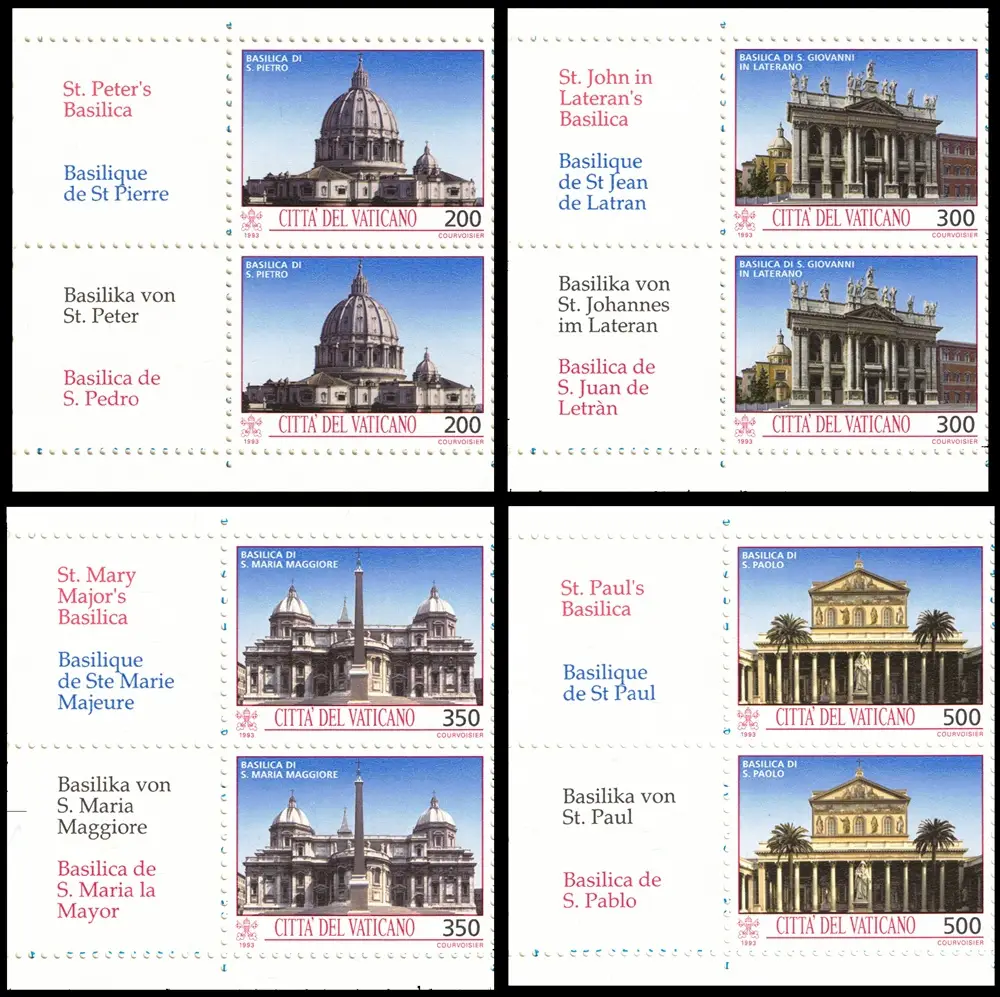 1993 Tesori d arte della Citta del Vaticano dent. 11¾ x 11½ 4 coppie verticali con bandelle da libretto Vaticano 1993 Tesori d arte della Citta del Vaticano dent. 11¾ x 11½ 4 coppie verticali con bandelle da libretto Vaticano