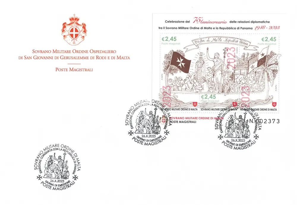 2023 75° delle relazioni diplomatiche tra SMOM e Repubblica di Panama 1 busta FDC E.C. di SMOM con Panama S.M.O.M. SMOM 2023 75° delle relazioni diplomatiche tra SMOM e Repubblica di Panama 1 busta FDC E.C. di SMOM con Panama S.M.O.M. SMOM