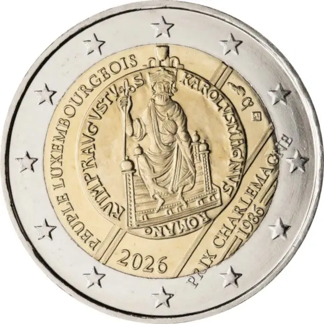 LUSSEMBURGO 2026 2 € 40° dell'assegnazione del premio internazionale Carlomagno al popolo lussemburghese FDC da rotolino 1 LUSSEMBURGO - 2026 - 2 € 40° dell'assegnazione del premio internazionale Carlomagno al popolo lussemburghese - FDC da rotolino