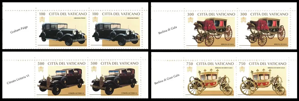 1997 Carrozze e auto Pontificie 4 coppie orizzontali con bandella da libretto Vaticano 1997 Carrozze e auto Pontificie 4 coppie orizzontali con bandella da libretto Vaticano