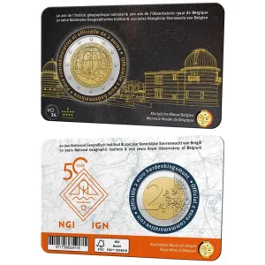 2026 2 Euro 50° dell Istituto Geografico Nazionale e 200° dell Osservatorio Reale del Belgio FDC in coin card versione francese Belgio fronte e retro
