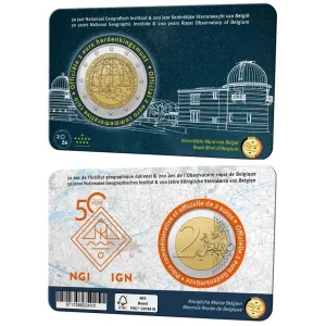 2026 2 Euro 50° dell Istituto Geografico Nazionale e 200° dell Osservatorio Reale del Belgio FDC in coin card versione olandese Belgio fronte e retro