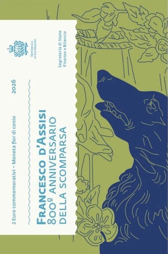 2026 2 Euro 800° della scomparsa di San Francesco D Assisi FDC in folder San Marino 1 2026 2 Euro 800° della scomparsa di San Francesco D Assisi FDC in folder San Marino 1