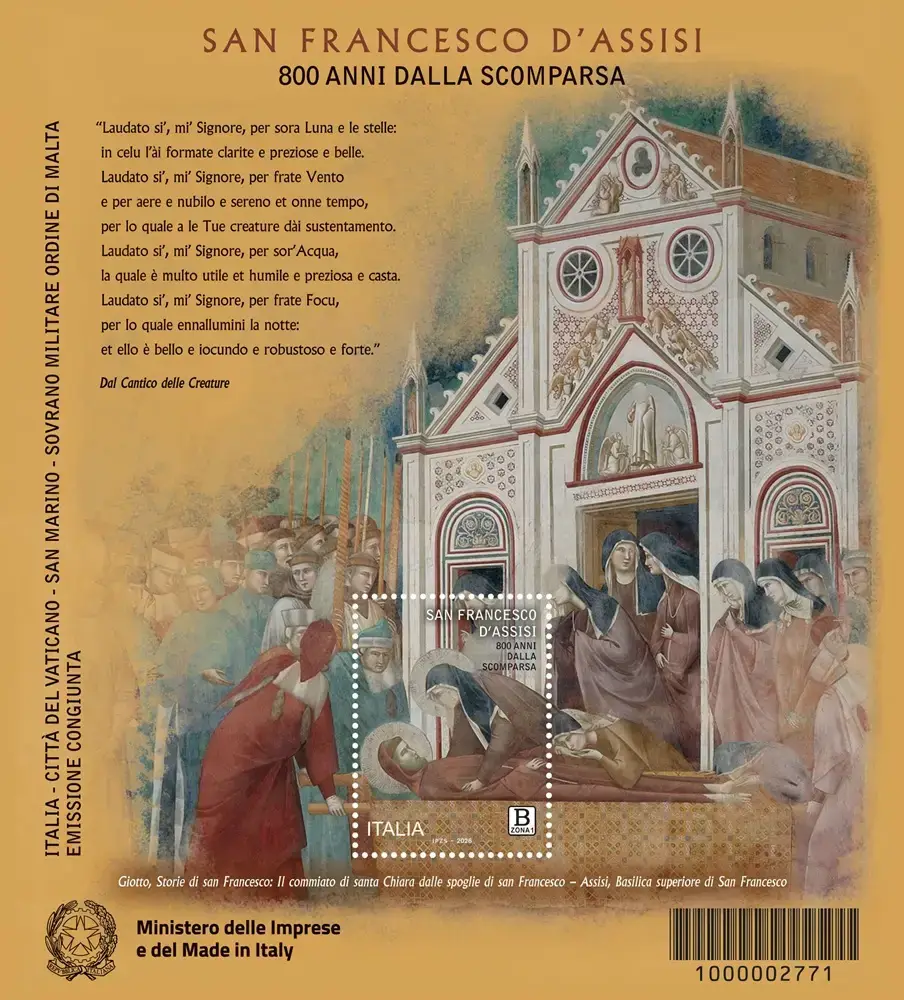 2026 800° della scomparsa di San Francesco D Assisi 1 BF E.C. di Italia con San Marino SMOM Vaticano Italia 2026 800° della scomparsa di San Francesco D Assisi 1 BF E.C. di Italia con San Marino SMOM Vaticano Italia