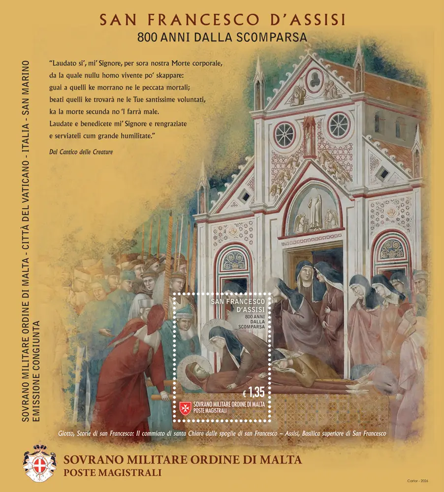 2026 800° della scomparsa di San Francesco D Assisi 1 BF E.C. di SMOM con Italia San Marino Vaticano S.M.O.M. SMOM 2026 800° della scomparsa di San Francesco D Assisi 1 BF E.C. di SMOM con Italia San Marino Vaticano S.M.O.M. SMOM