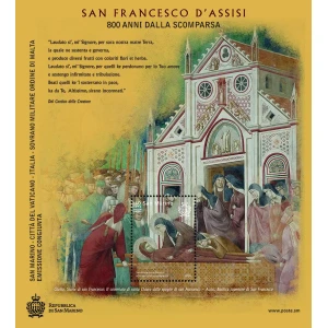 2026 800° della scomparsa di San Francesco D Assisi 1 foglietto BF E.C. di San Marino con Italia SMOM Vaticano San Marino