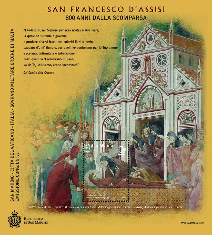 2026 800° della scomparsa di San Francesco D Assisi 1 foglietto BF E.C. di San Marino con Italia SMOM Vaticano San Marino 2026 800° della scomparsa di San Francesco D Assisi 1 foglietto BF E.C. di San Marino con Italia SMOM Vaticano San Marino