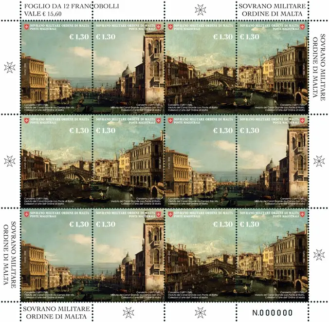 2026 L Arte dell Ordine di Malta Canaletto 1 minifoglio da 3 strisce orizzontali S.M.O.M. SMOM 2026 L Arte dell Ordine di Malta Canaletto 1 minifoglio da 3 strisce orizzontali S.M.O.M. SMOM