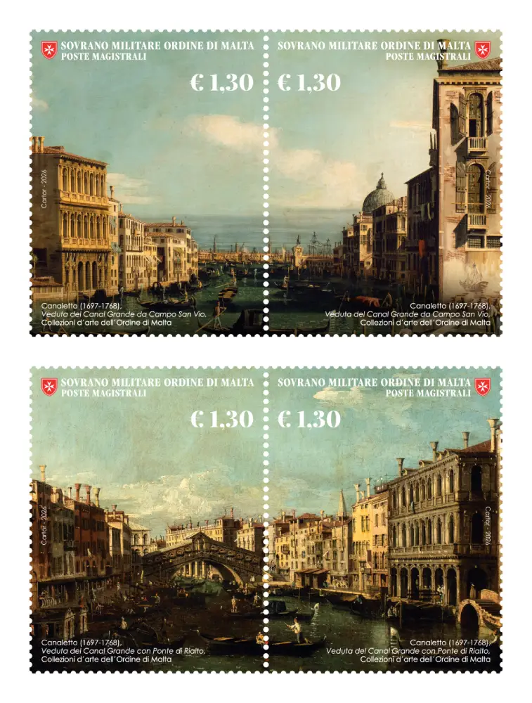 2026 L Arte dell Ordine di Malta Canaletto 4 v. in 2 coppie orizzontali unite in 1 striscia orizzontale S.M.O.M. SMOM 1 2026 L Arte dell Ordine di Malta Canaletto 4 v. in 2 coppie orizzontali unite in 1 striscia orizzontale S.M.O.M. SMOM 1