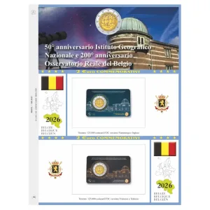 Foglio 2 Euro COMMEMORATIVO Belgio 2026 Osservatorio Reale e Istituto Geografico in due coin card Abafil