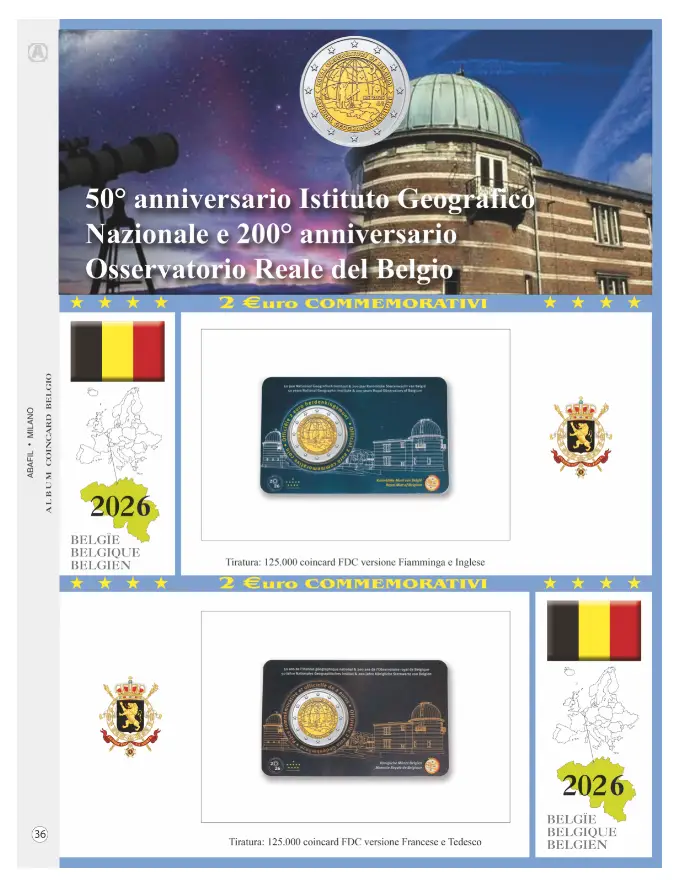 Foglio 2 Euro COMMEMORATIVO Belgio 2026 Osservatorio Reale e Istituto Geografico in due coin card Abafil Foglio 2 Euro COMMEMORATIVO Belgio 2026 Osservatorio Reale e Istituto Geografico in due coin card Abafil