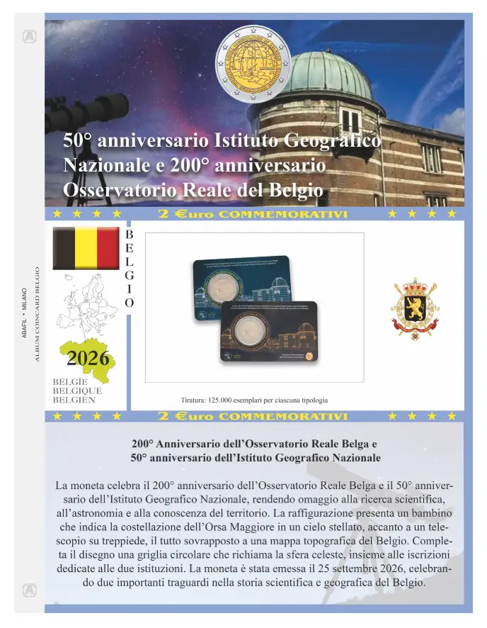 Foglio 2 Euro COMMEMORATIVO Belgio 2026 Osservatorio Reale e Istituto Geografico in singola coin card Abafil Foglio 2 Euro COMMEMORATIVO Belgio 2026 Osservatorio Reale e Istituto Geografico in singola coin card Abafil