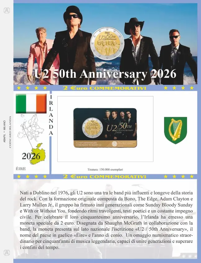 Foglio 2 Euro COMMEMORATIVO Irlanda 2026 50° degli U2 in coin card Abafil Foglio 2 Euro COMMEMORATIVO Irlanda 2026 50° degli U2 in coin card Abafil