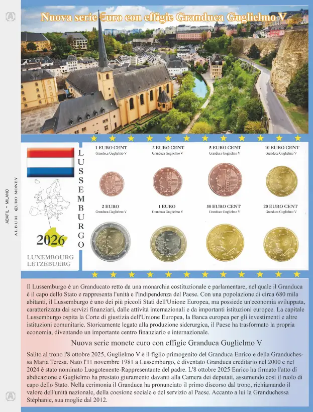 Foglio EURO MONEY per serie Euro Lussemburgo 2026 nuovo conio Abafil Foglio EURO MONEY per serie Euro Lussemburgo 2026 nuovo conio Abafil