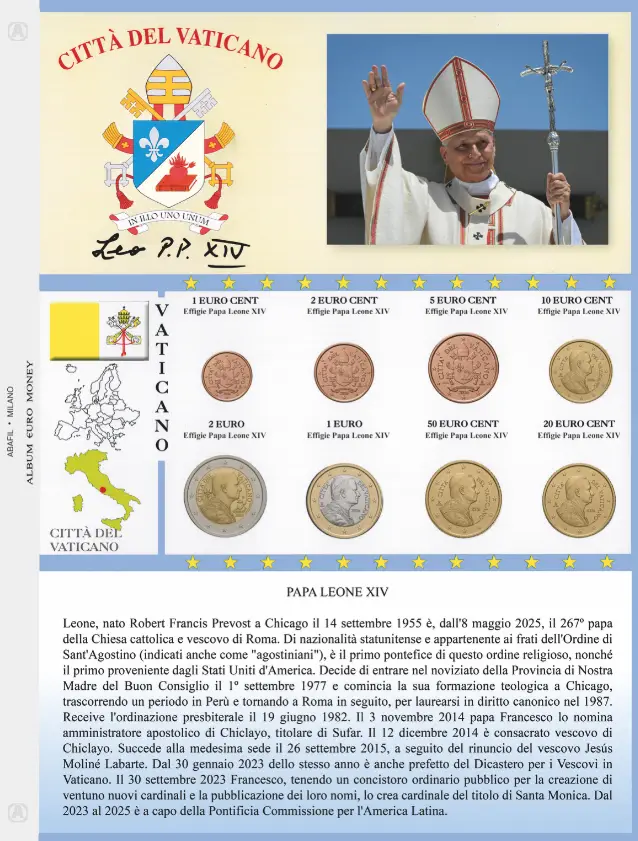 Foglio generico EURO MONEY per 1 serie Euro Vaticano Papa Leone XIV Abafil Foglio generico EURO MONEY per 1 serie Euro Vaticano Papa Leone XIV Abafil