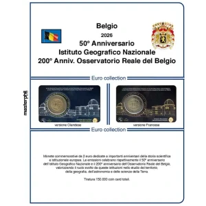Inserto 2 Euro commemorativo Belgio Istituto Geografico Nazionale e Osservatorio Reale del Belgio in coin card 2026 Master Phil