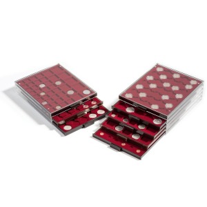 LEUCHTTURM - Box MB fumé con vassoio in floccato bordeaux a 63 caselle rotonde per monete da 16,5 mm in capsula