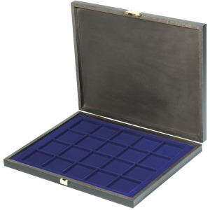 LINDNER - Cofanetto CARUS-1 con interno blu a 20 caselle quadrate da 47 mm - Noce scuro