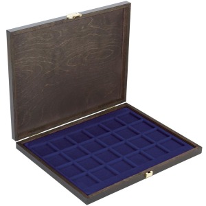 LINDNER - Cofanetto CARUS-1 con interno blu a 24 caselle quadrate da 42 mm - Noce scuro