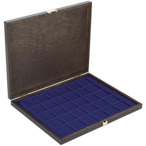 LINDNER - Cofanetto CARUS-1 con interno blu a 30 caselle quadrate da 38 mm - Noce scuro