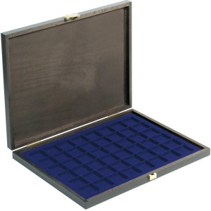 LINDNER - Cofanetto CARUS-1 con interno blu a 48 caselle quadrate da 30 mm - Noce scuro