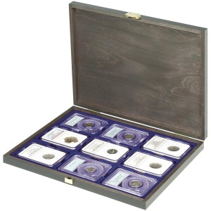 LINDNER - Cofanetto CARUS-1 con interno blu a 9 caselle rettangolari da 63x85 mm per Slabs - Noce scuro